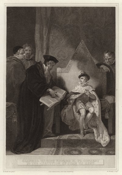 Cranmer urging Edward VI to consent to the execution of Joan of Kent by English School